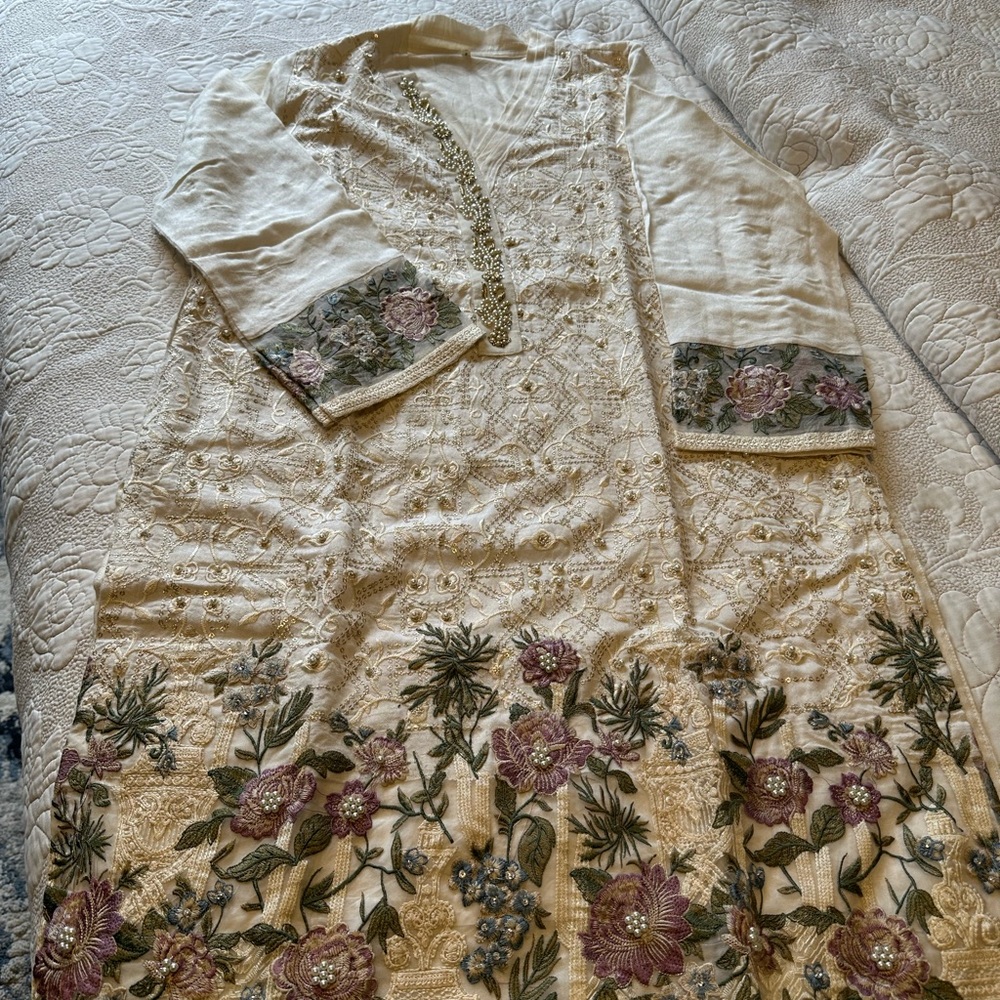 Cream and Pink Long Sleeve V-Neck Sundress